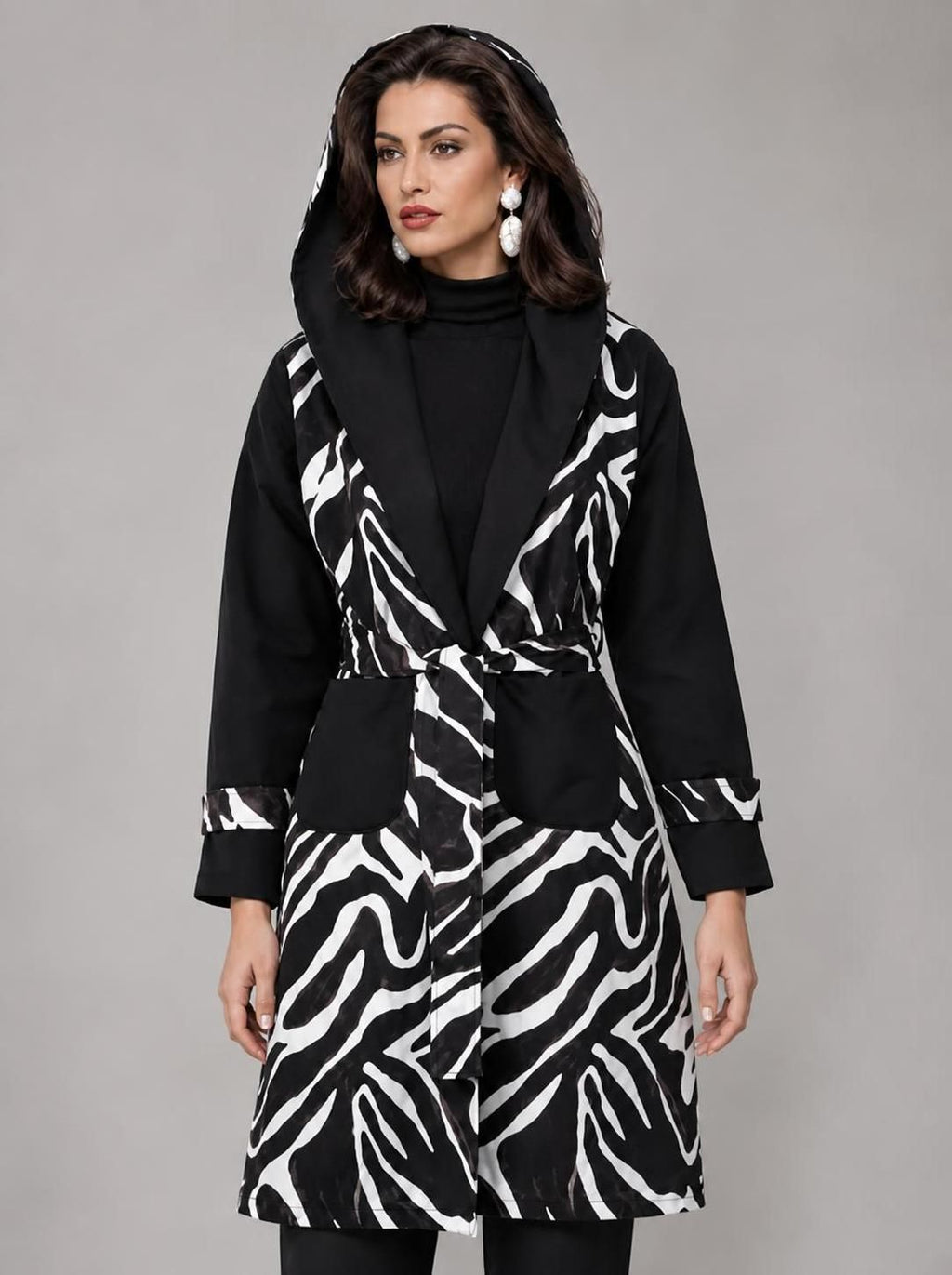 Zebra Hooded Belted Cardigan