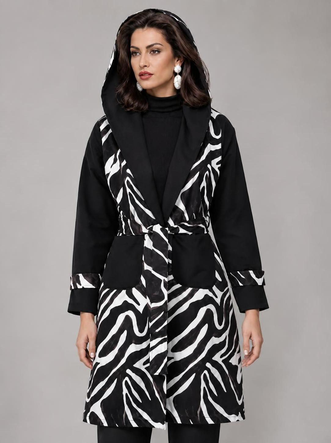 Zebra Hooded Belted Cardigan